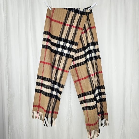 Burberry 100% Cashmere Scarf Classic Check Plaid Tan Red and Black - Has Damage - Picture 1 of 10
